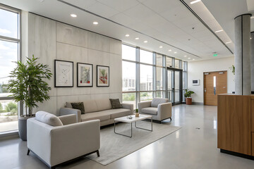 Fototapeta premium A contemporary waiting room interior featuring a stylish, minimalist design.