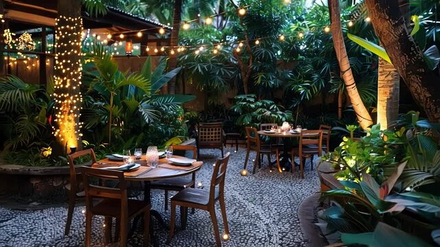 Empty tables are awaiting guests on an outdoor restaurant patio, illuminated with string lights and surrounded by lush tropical plants