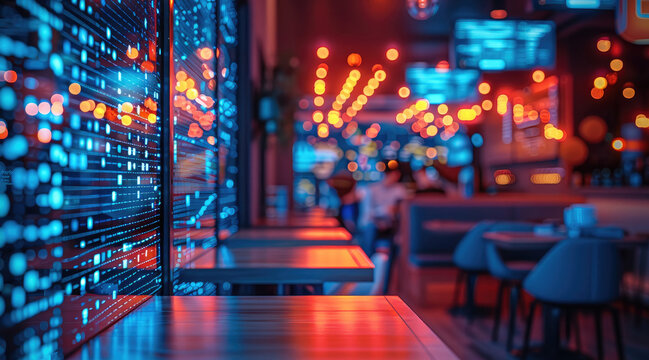 Responsible innovation restaurant, technology and data points floating in foreground and background, vibrant blues and reds, fast food restaurant scene in background.