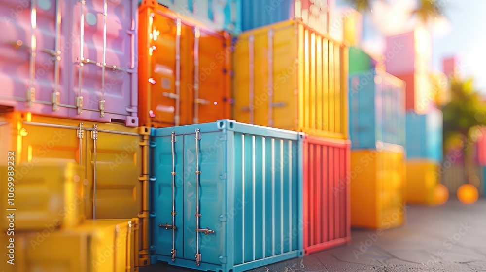 Poster stacks of colorful shipping containers stacked neatly in a grid.