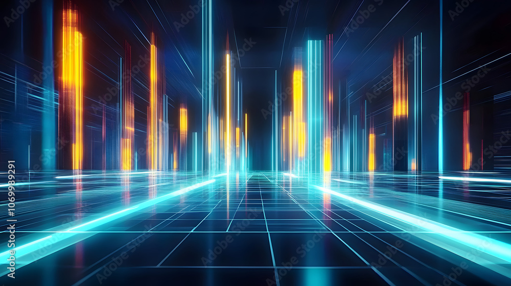 Poster futuristic digital landscape featuring glowing lines and columns of light, representing advanced tec
