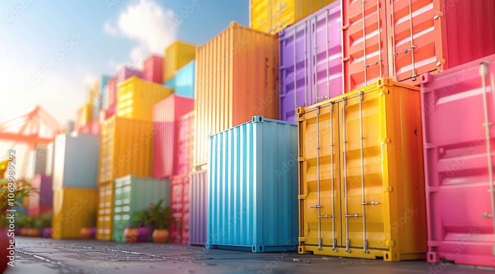 Poster stacks of colorful shipping containers stacked neatly in a grid.
