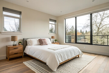 A spacious and elegant bedroom with a minimalist design