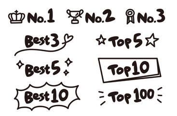 ランキングアイコンのイラスト（Best、Top、No.）のセット（手描き・モノクロ）