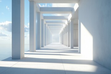 A modern, open corridor with tall pillars casting shadows and a clear blue sky in the background.