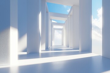 Fototapeta premium A modern, open corridor with geometric columns and natural sunlight casting shadows, leading to a view of the blue sky background.