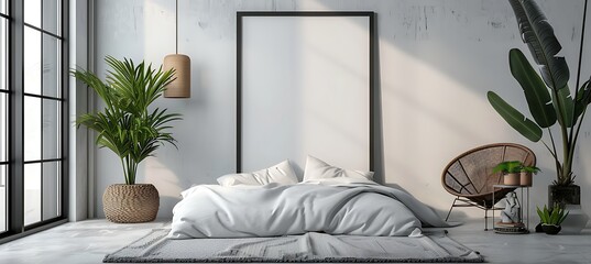 Black Frame Poster Mockup in White Room with Green Bouquets