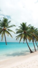 Obraz premium Vibrant turquoise Caribbean sea with coconut palms lining sandy beach, beach, sea