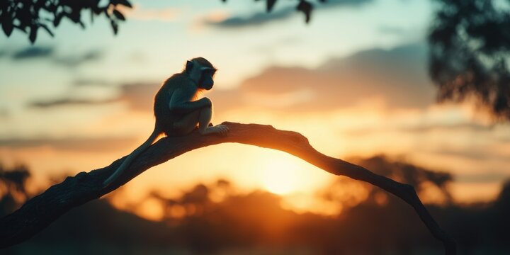 Sunset Silhouette of Monkey on Branch