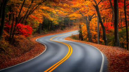 Fototapeta premium Winding road through a colorful autumn forest.