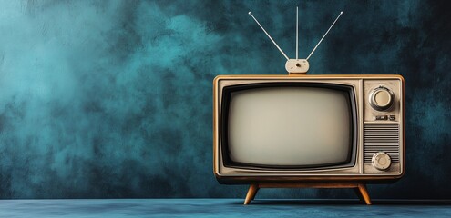 Banner with vintage retro TV. World Television Day.  Texture background with copy space, free space for text. 80s, 90s.