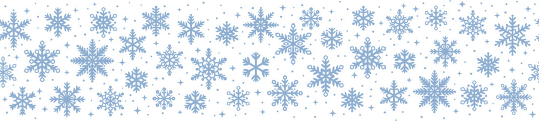 Fototapeta premium Blue snow banner, vector snowflake borer seamless repeating decorative pattern element, winter holiday Christmas or New Year greeting template design