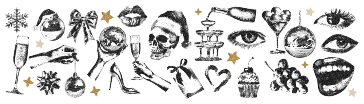 Grunge glam Christmas collage elements with vintage stippled  photocopy texture. Vintage New Year's Eve disco party retro graphic set. Vector illustration of hands, champagne, skull, eyes, disco ball.