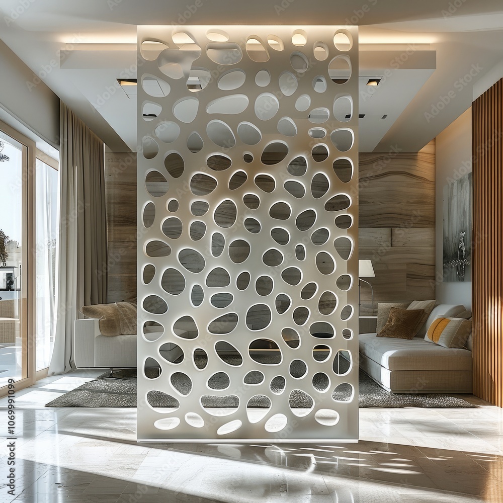 Fototapete A smart partition wall have patterns on wall with embedded with screens and can be opaque or transparent same time with customizable aesthetics for living spaces.