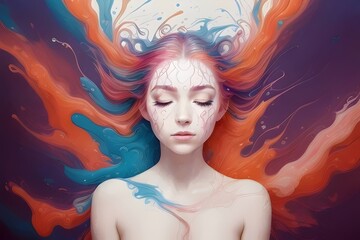 illustration of a beautiful young woman covered in vibrant bright paint splatters, drips, colorful, abstract, art, portrait, beauty, creativity, splashes, bold, artistic, makeup, expression, modern