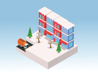 Winter Cityscape with Snow-Covered Buildings and Snowplow Truck 3d isometric vector illustration