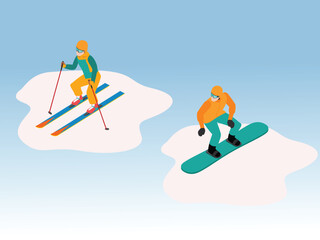 Skiing and Snowboarding on Snow Patches 3d isometric vector illustration