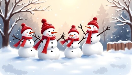 Group of cheerful snowman wearing red scarves and hats in a winter wonderland setting, for festive Christmas and New Year's design