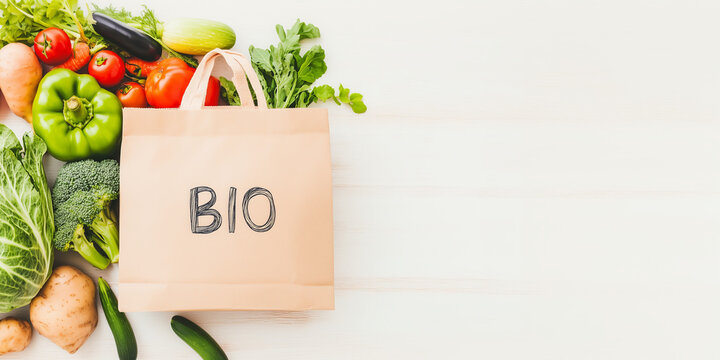 Grocery bag with bio label and fresh vegetables on white wooden background, organic tomatoes, peppers, broccoli, clean eating lifestyle, sustainability and healthy food concept banner with copy space - Powered by Adobe