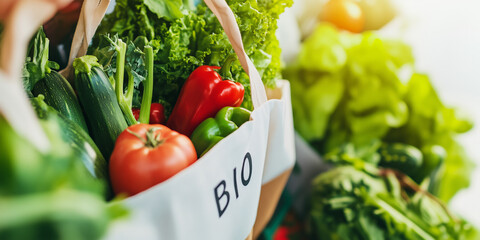 Fresh organic vegetables in a bag labelled bio with natural light, zucchini, peppers, tomatoes, lettuce, eco lifestyle, sustainable shopping, healthy eating food concept banner