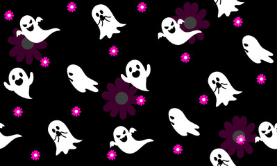 Seamless pattern halloween theme of floral ghost cartoon. Dark cute ghost pattern for fabric and wrapping paper. Pattern for design wallpaper and fashion prints.