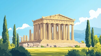Fototapeta premium A beautiful illustration of an ancient Greek temple with a blue sky, clouds and mountains in the background.