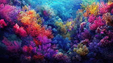 Fototapeta premium Vibrant coral reef with colorful coral formations and fish swimming in the clear blue water.