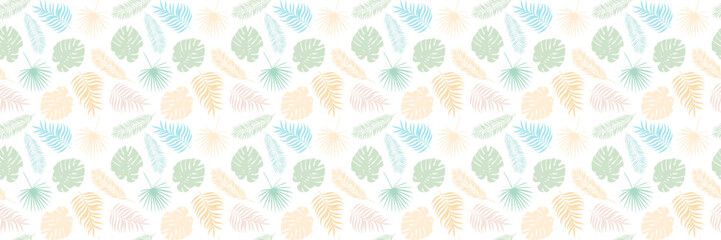 Tropical leaf pastel summer banner, foliage leaves vector background, colorful vacation cover or background design