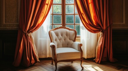 A vintage armchair near a window with elegant curtains, creating a cozy atmosphere.