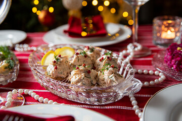 Festive fish table with smocked salmon salad on tartlet shells. Celebration delicacies on Christmas table in Finland and Scandinavia, beautifully served table.