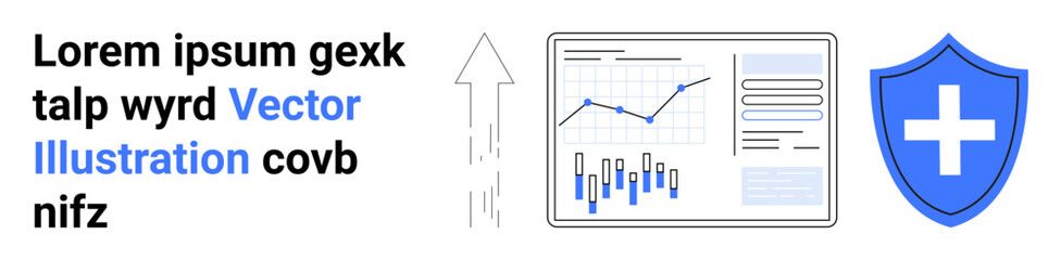 Line chart, bar graph on a monitor, upward arrow, blue shield with cross. Ideal for data analysis, growth, security, business, health, finance, research. Landing page