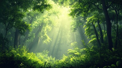 Fototapeta premium Sunlight streams through a dense, green forest canopy, illuminating the forest floor with a magical glow.