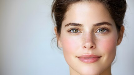Fototapeta premium A close-up portrait of a woman with natural beauty, showcasing clear skin, expressive eyes, and a subtle smile against a soft background.