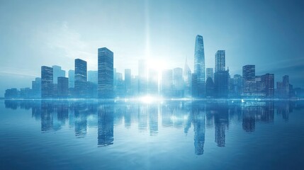 Fototapeta premium A panoramic view of a modern city skyline with buildings reflected in the water at sunrise.