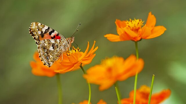 Painted lady (Vanessa cardui) nectaring on a Yellow cosmos