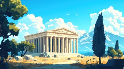 Obraz premium A picturesque illustration of a classic Greek temple with a mountain range in the background.
