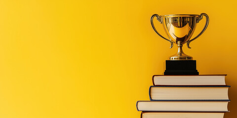 Golden Trophy on Stack of Books Against Yellow Background