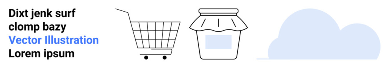 Shopping cart with wheels, jam jar with a lid, and cloud icon. Ideal for e-commerce, online market, digital storage, food services, online grocery, cloud solutions, retail marketing. Banner