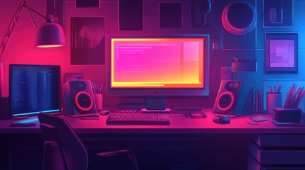 A computer desk with two monitors, speakers, a keyboard, a mouse, and other office supplies. The room is lit in a vibrant pink and blue light.