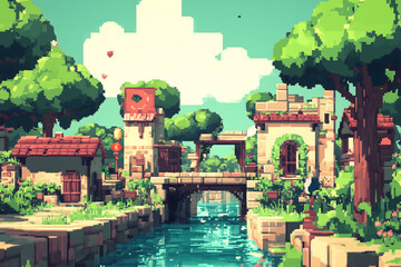 A picturesque village blends retro pixel art with modern design, featuring a tranquil river, flourishing trees, and quaint bridges under a bright sky. Generative AI