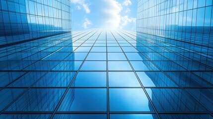 Fototapeta premium A low angle view of two modern glass buildings with a bright blue sky and sun shining in the background.