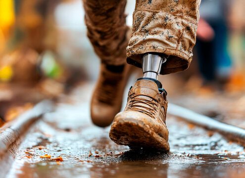  A Prosthetic-Limb Hiker's Journey Through Rugged Mountain Terrain.Triumph Over Trails - Powered by Adobe