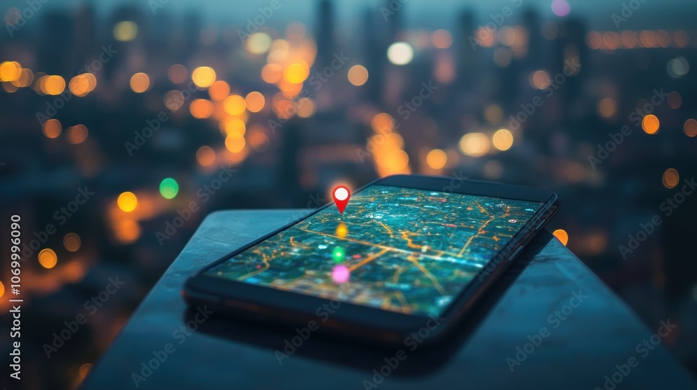 Poster a smartphone displaying a map with a location pin, set against a city skyline at dusk.