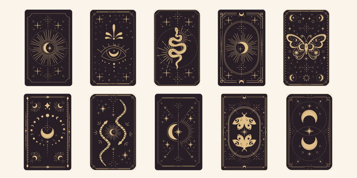Tarot reverce border magic sacred frame gold line border celelstial mystery esoteric cover card decoration with snake stars and moon on dark background.