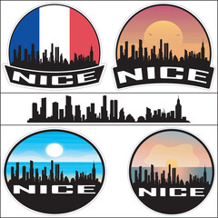 Fototapeta premium Nice Skyline France Flag Cityscape Silhouette Travel Souvenir Sticker Sunset Isolated Vector