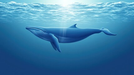 A blue whale swims through the deep blue ocean, sunlight shining through the water above.