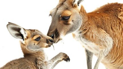 Fototapeta premium A Heartwarming Scene of a Kangaroo and Her Baby Standing Out Against the White Background