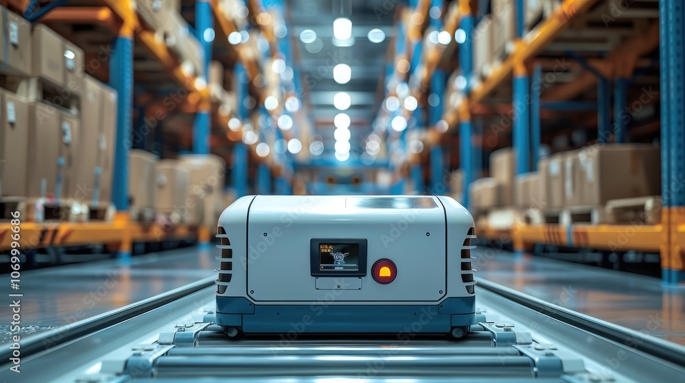 Poster automated pallet radio shuttle with blue color, futuristic.