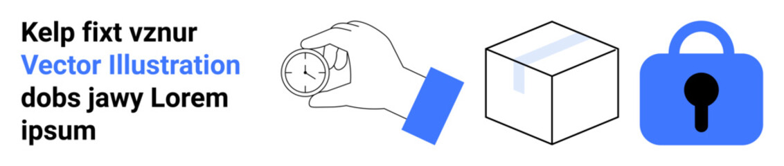 Hands holding a stopwatch, a sealed package box, and a blue lock icon. Ideal for logistics, shipping services, delivery timing, secure packaging, supply chain management, e-commerce protection