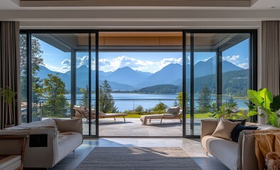 Fototapeta premium Modern living room with large sliding glass doors showcasing a panoramic view of mountains, trees, and a serene lake on a sunny day